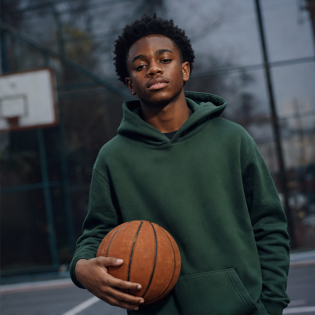 Boy in a green hoodie on an outdoor basketball court