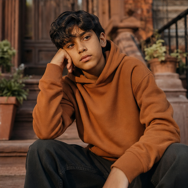 Boy in a rust hoodie sitting on a neighborhood stoop