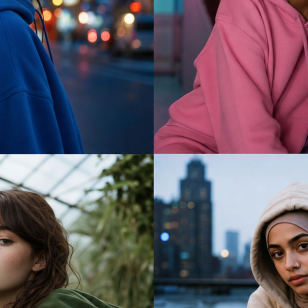 Young woman in a blue hoodie on a city street at blue hour