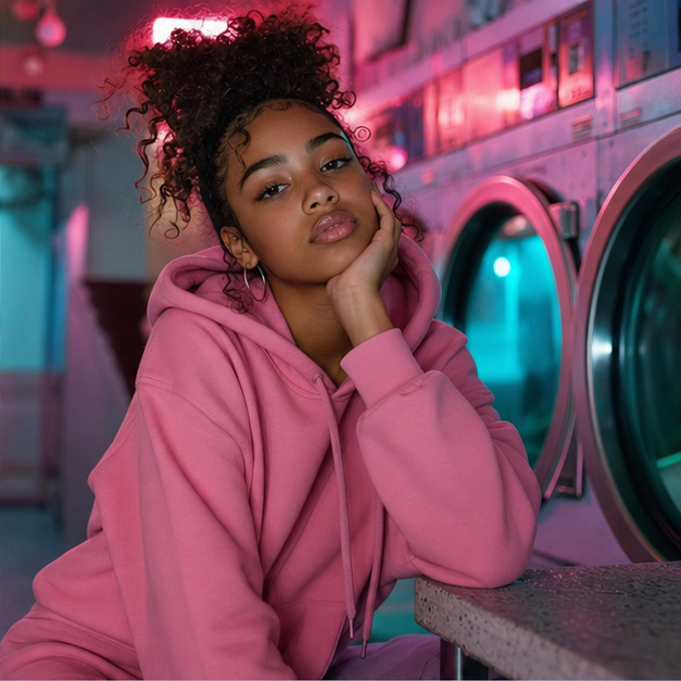Young woman in a pink hoodie in a neon laundromat