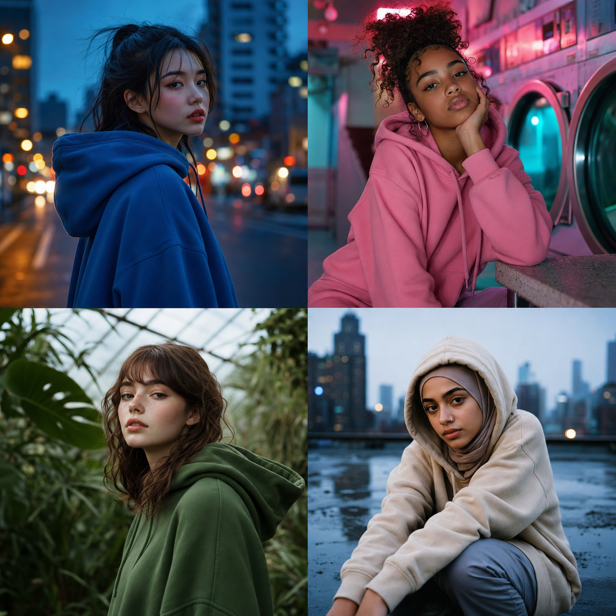 Young woman in a green hoodie inside a glasshouse
