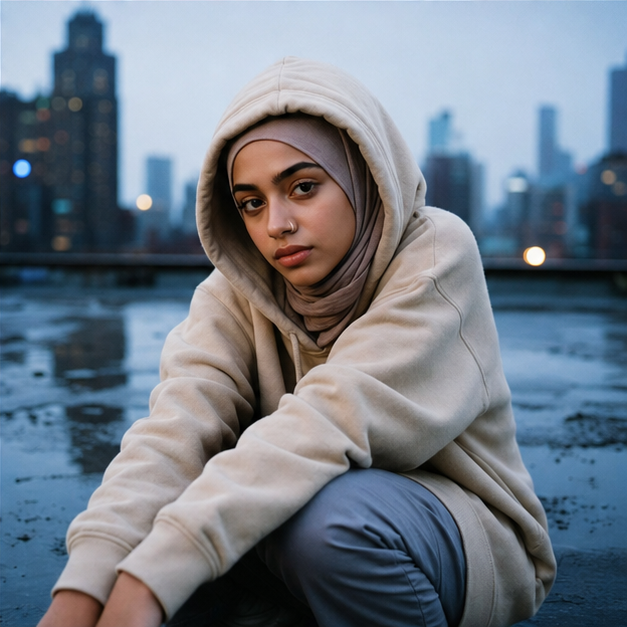 Young woman in a cream hoodie on a rain-darkened rooftop