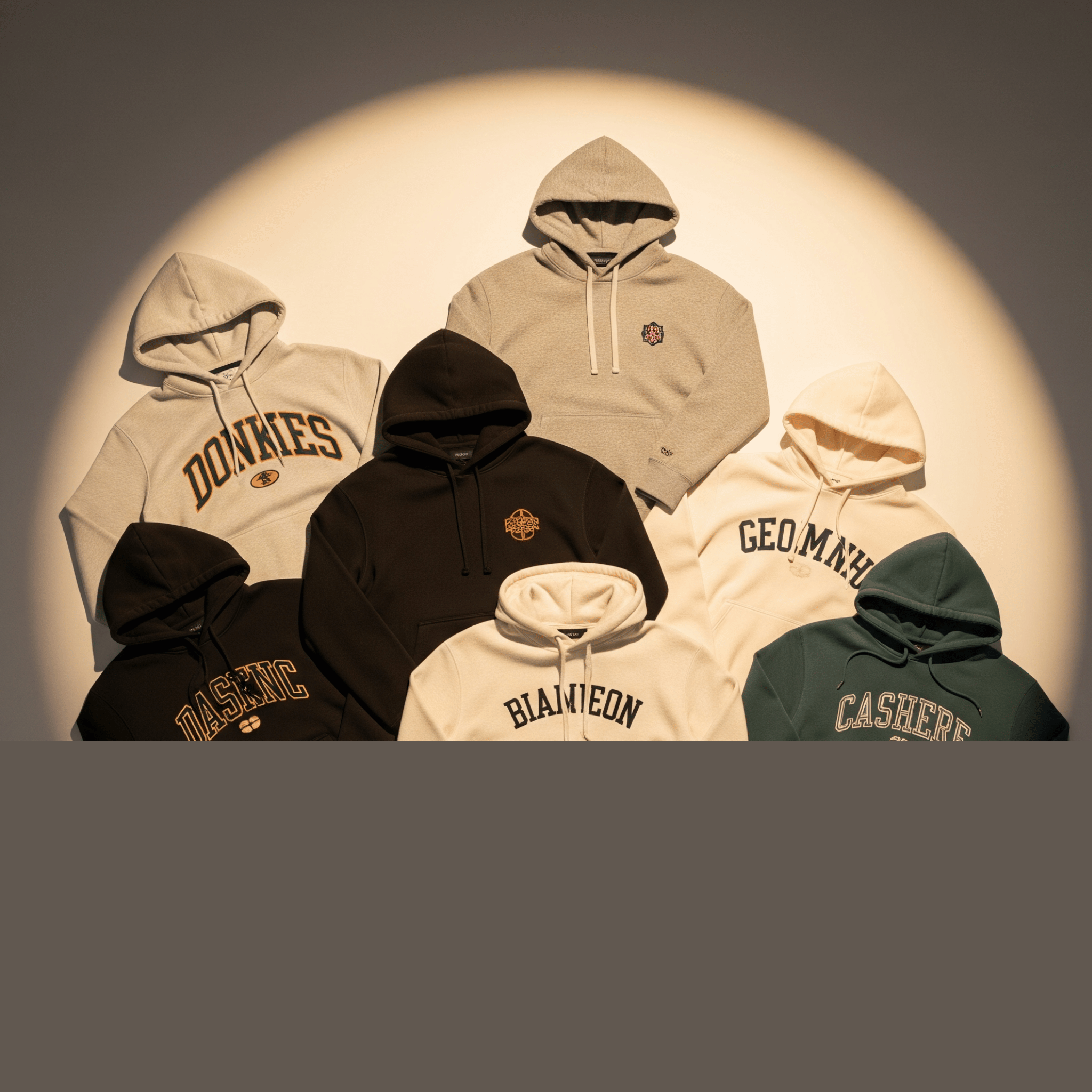 A spotlighted lineup of neutral, black, white, and green hoodies